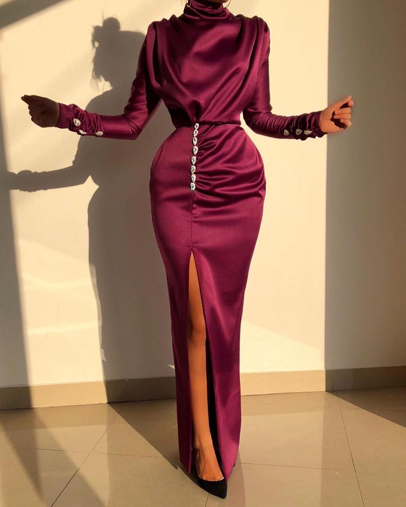 

High Neck Ruched Thigh Slit Evening Dress, Wine red