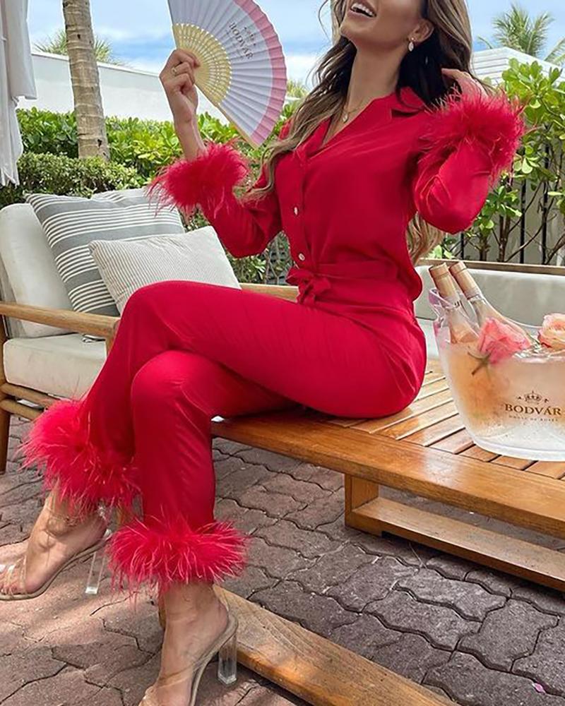 

Feather Decor Buttoned Satin Pajamas Set, Red