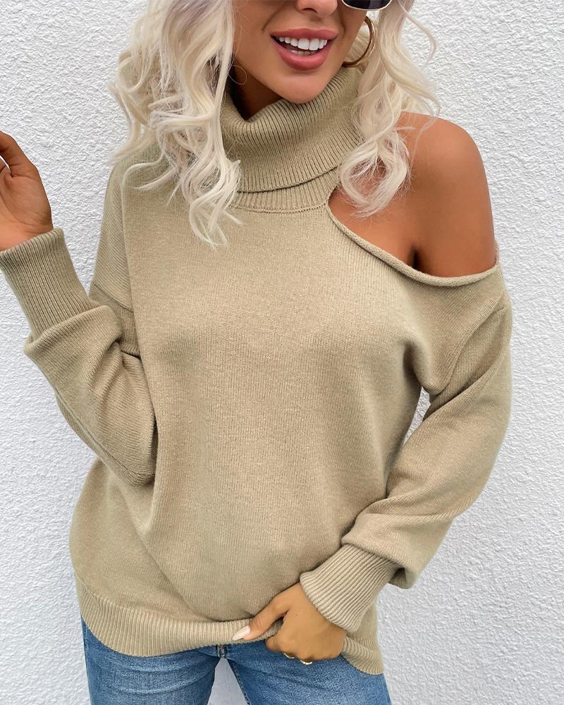 

Turtleneck Long Sleeve One Shoulder Sweater, Khaki