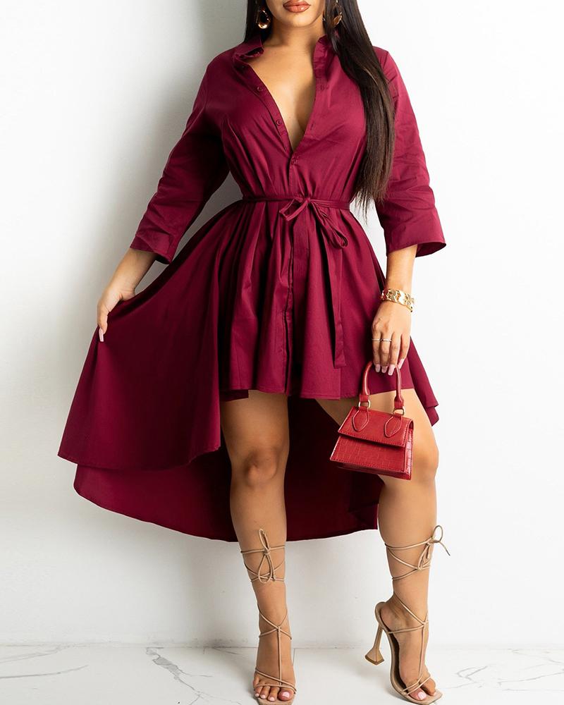 

Button Design Dip Hem Shirt Dress, Wine red