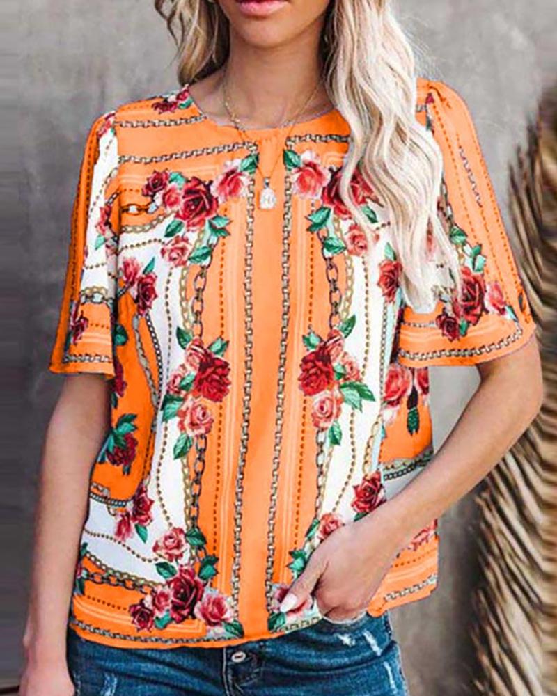 

Floral Chain Print Half Sleeve Casual Top, Orange