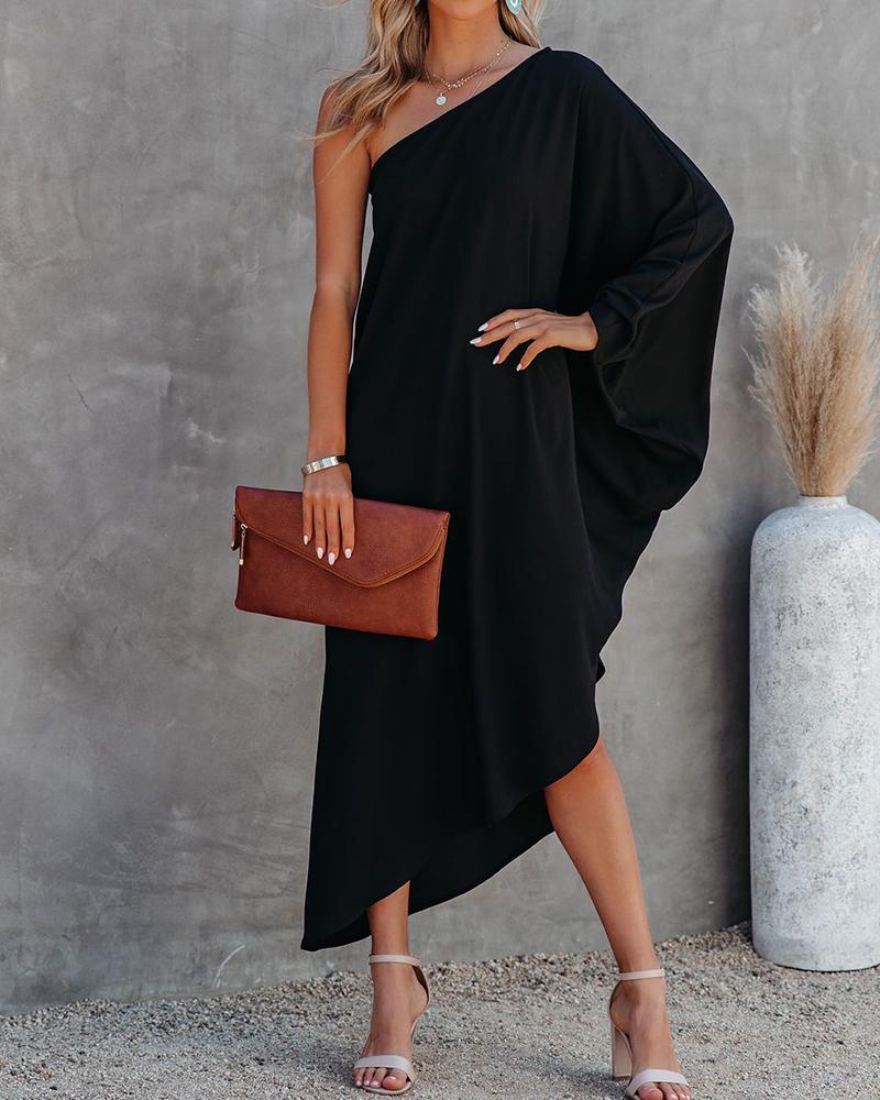 

Solid Color One Shoulder Long Sleeve Maxi Dress, Black