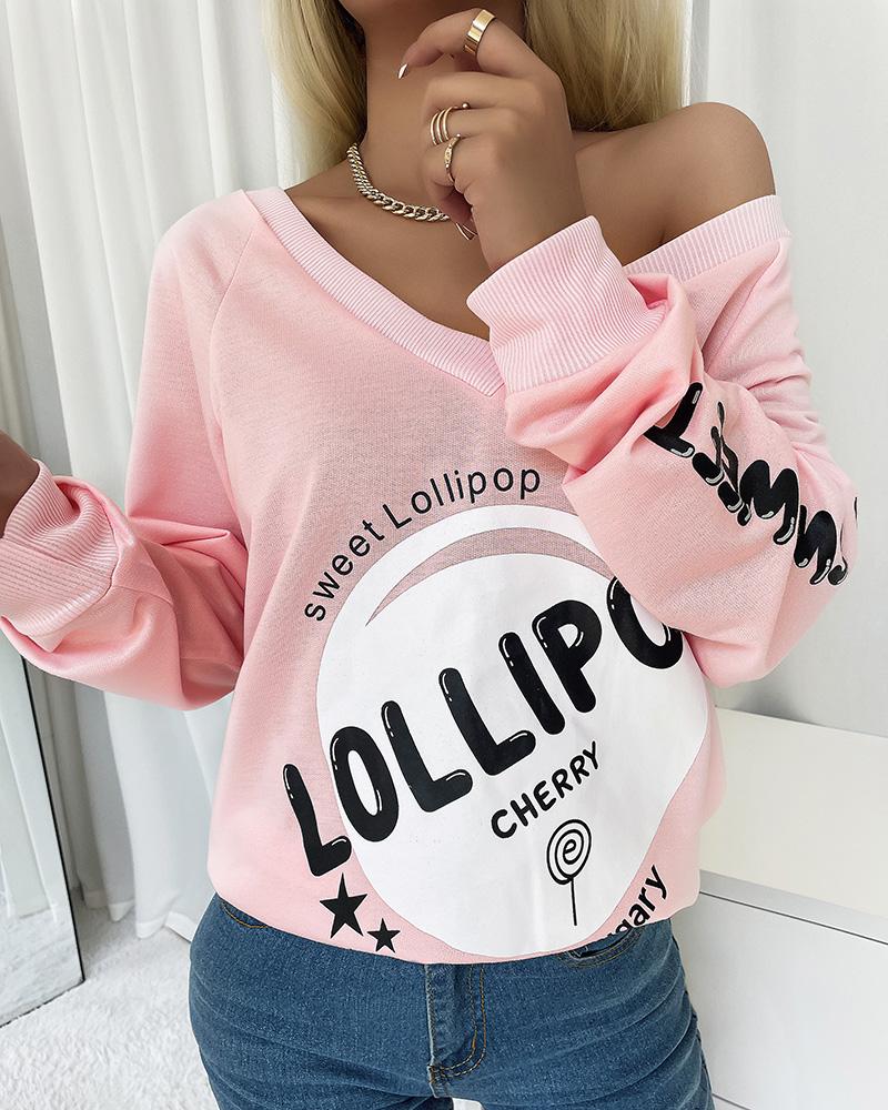 

Letter Print V-Neck Long Sleeve Sweatshirt, Pink
