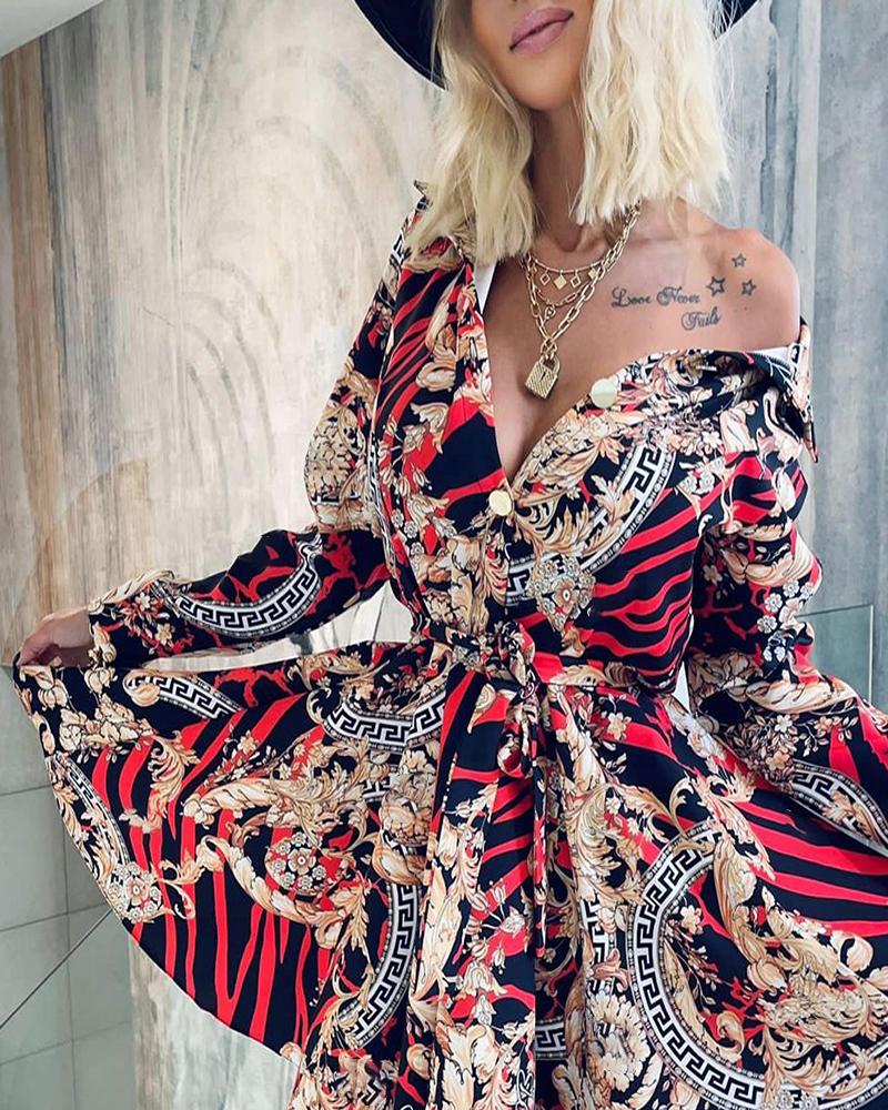 

Baroque Print Long Sleeve Shirt Dress, Red