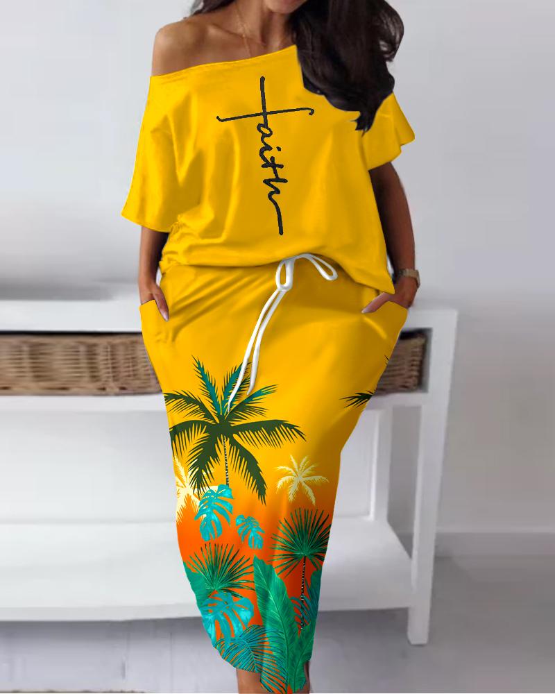 

Plus Size Faith Tropical Coconut Tree Print Skew Neck Top & Drawstring Skirt Set, Yellow