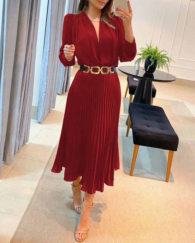 

Puff Sleeve Pleated Satin Midi Dress, Red