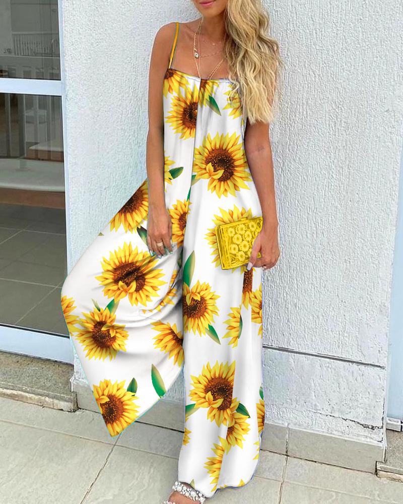 

Sunflower Print Colorblock Wide Leg Jumpsuit, Yellow