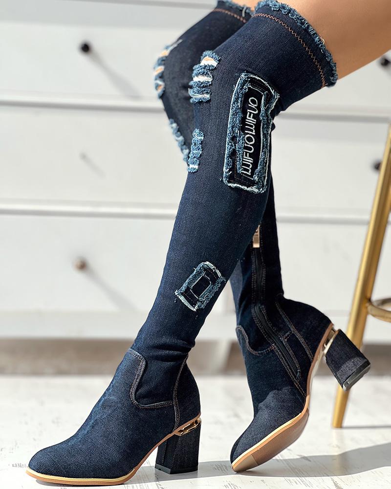 Fringe Hem Ripped Over The Knee Chunky Boots