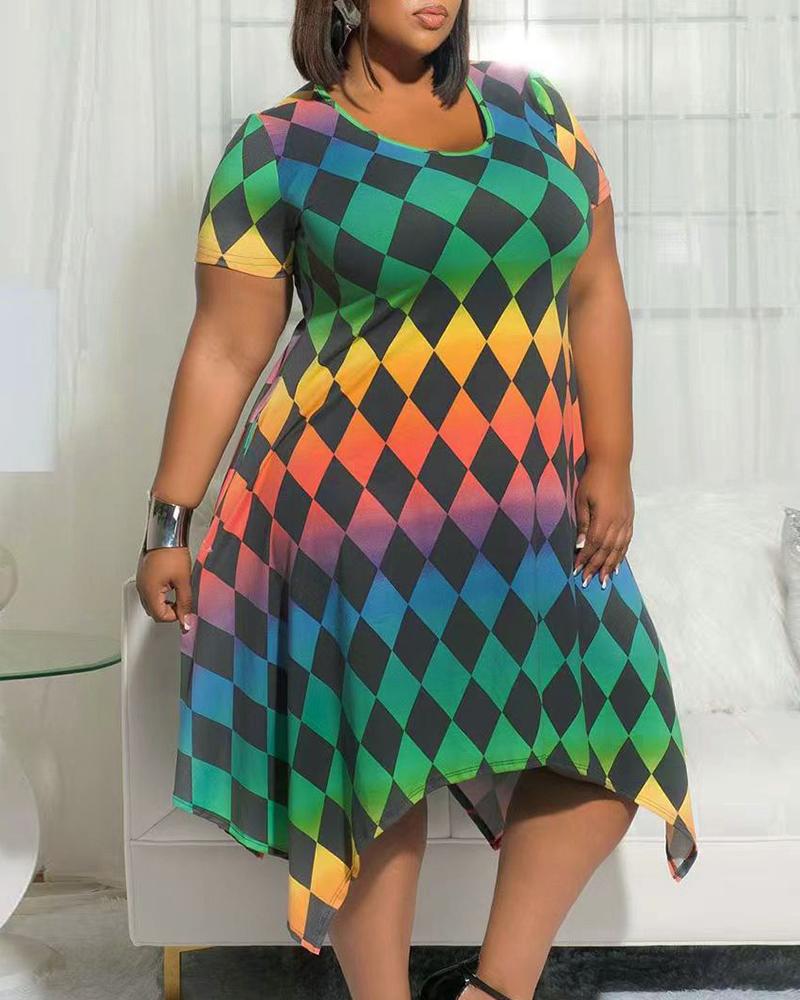 

Plus Size Argyle Print Ombre Asymmetrical Dress, Multicolor