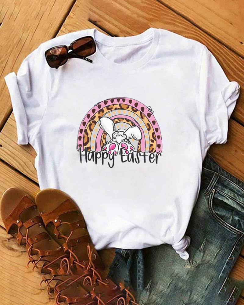 

Happy Easter Bunny Print T-shirt Holiday Graphic Tee, White
