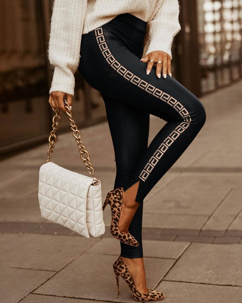 

Geo Print Split Hem High Waist Skinny Pants, Black