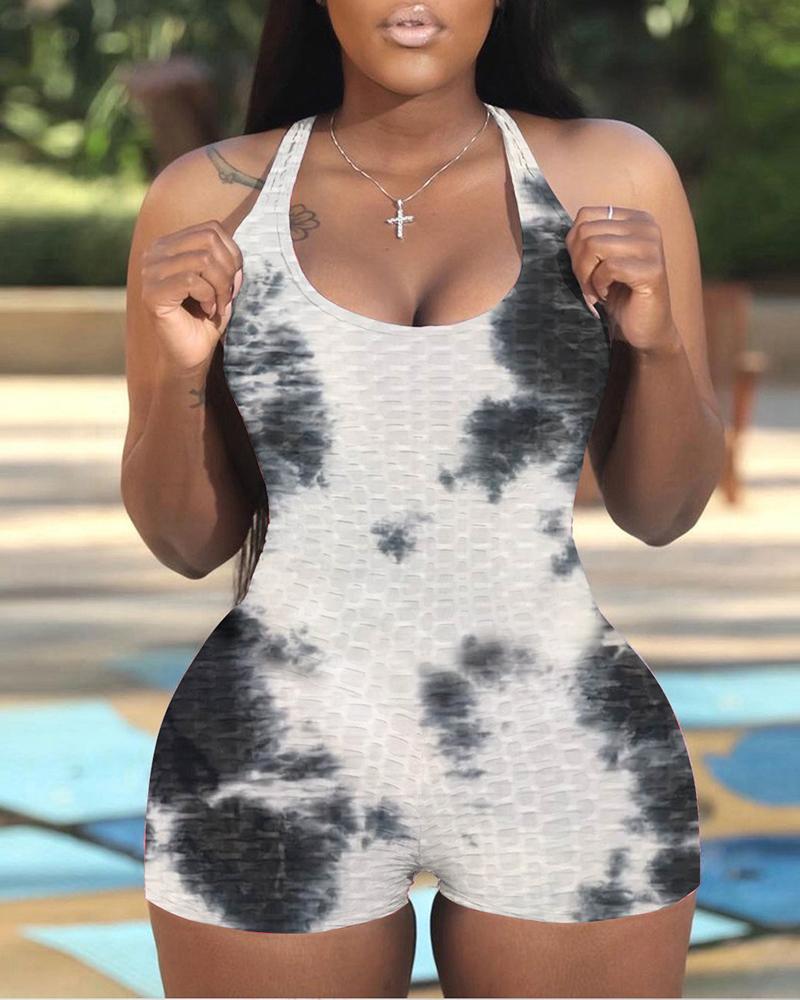 

Tie Dye Print Colorblock Backless Thick Strap Romper, White