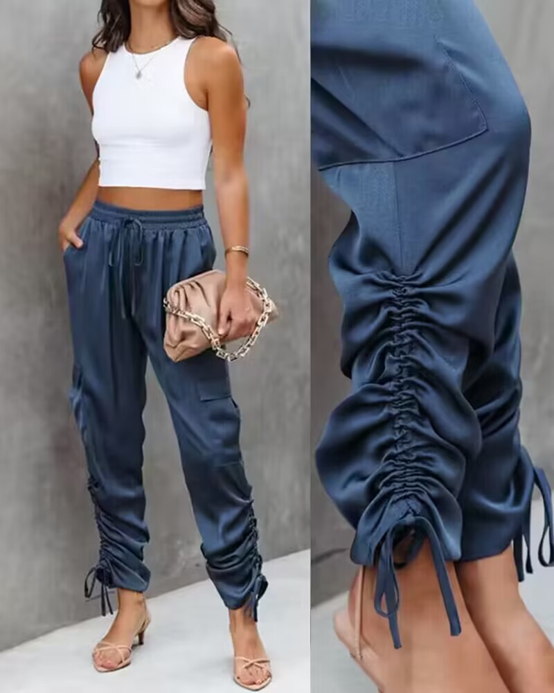 

Drawstring Pocket Design Ruched Cargo Pants, Purplish blue