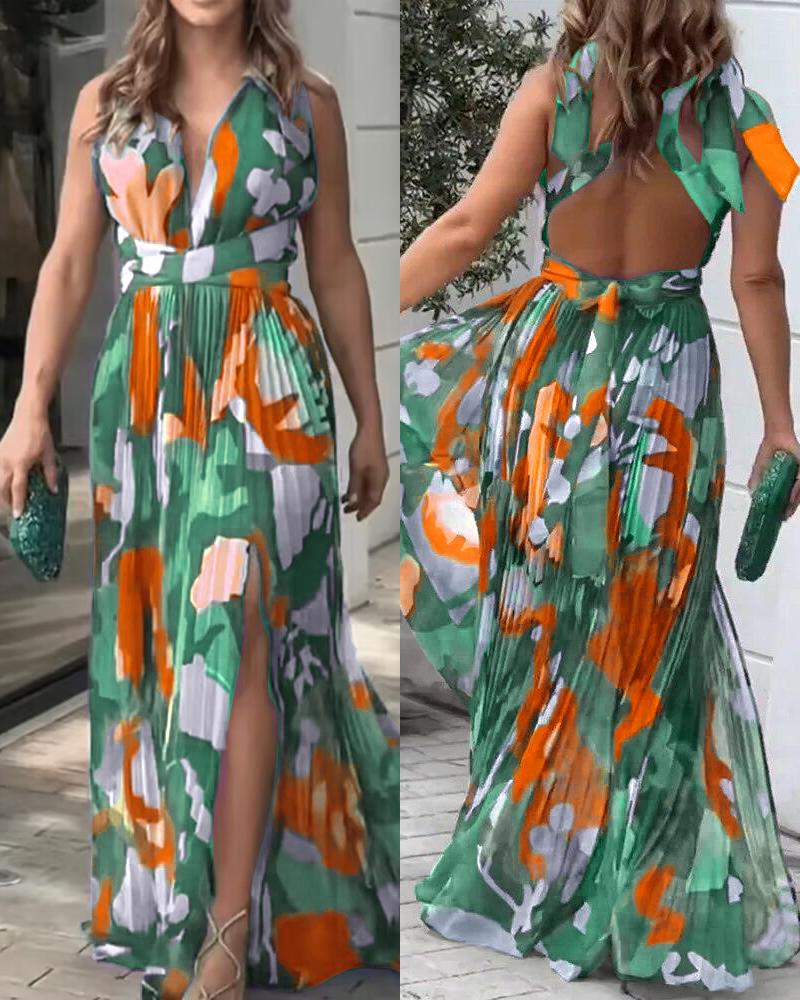 

All Over Print Ruched Slit Tied Detail Maxi Dress, Green