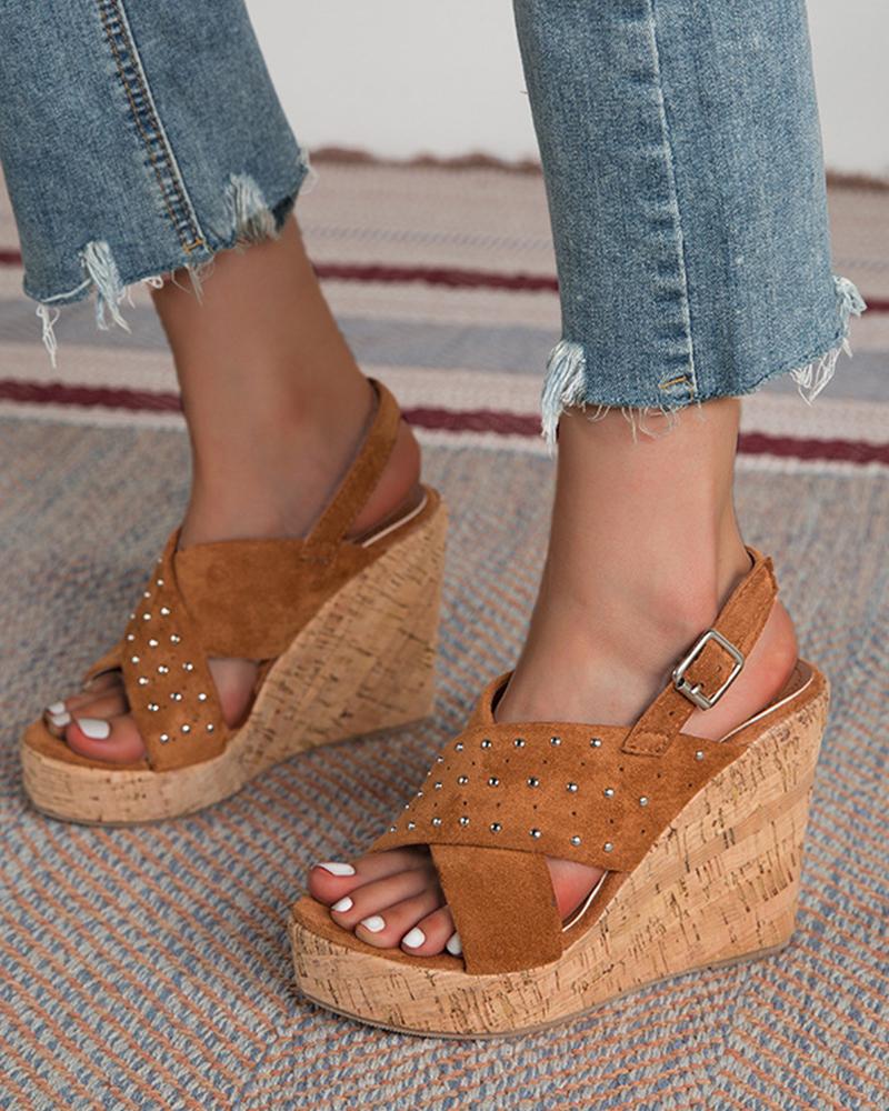 

Studded Solid Open-toe Wedge Shoes Sandals, Brown