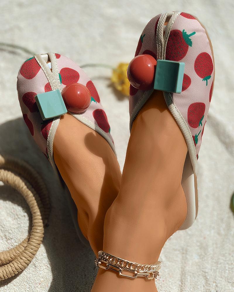 

Peep Toe Fruit Print Slippers, Red