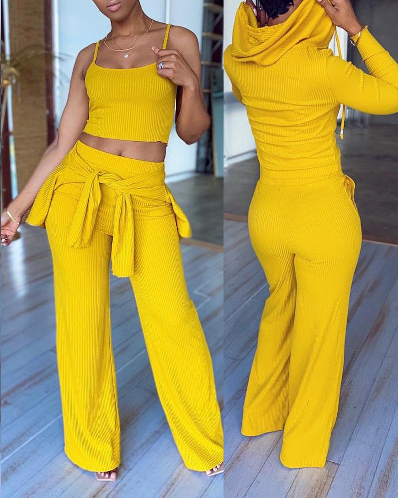 

Ribbed Crop Top & Zipper Design Hooded Coat & Wide Legs Pants Set, Yellow