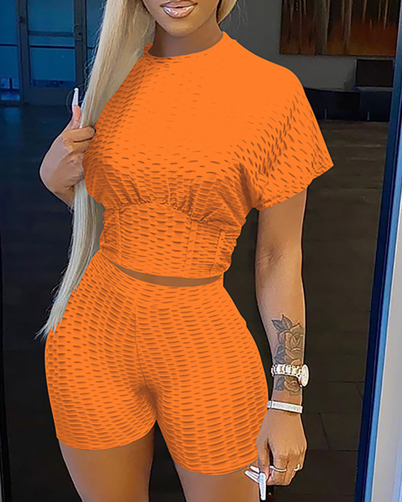 

Textured Short Sleeve High Waist Active Sets, Orange