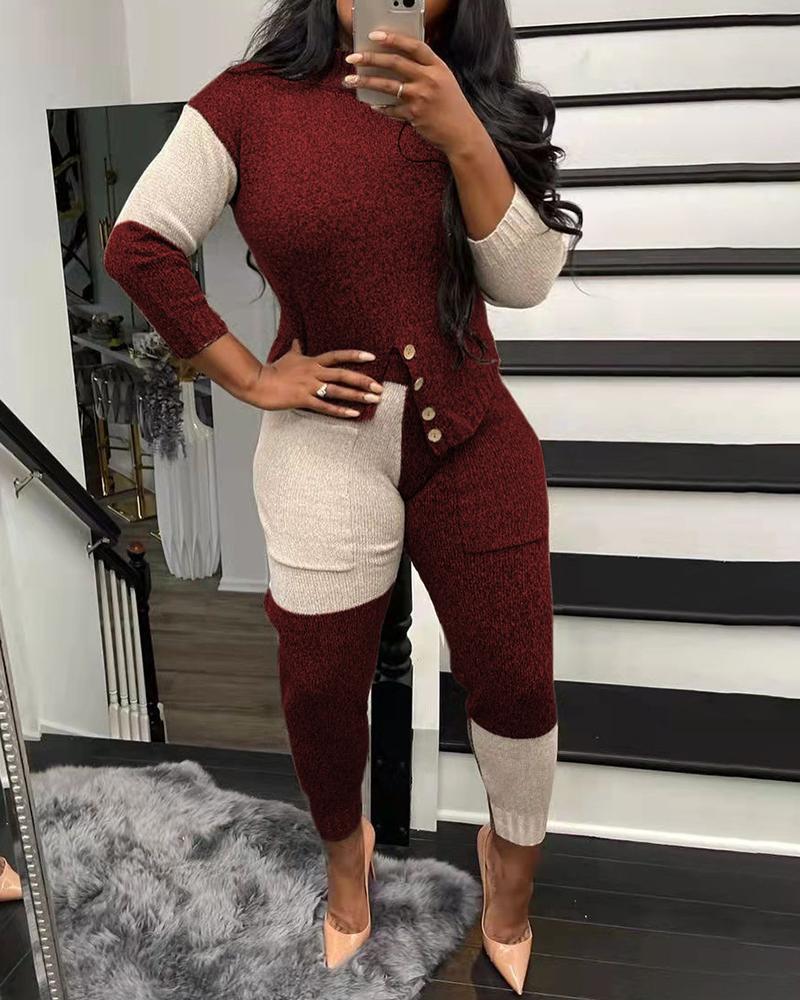 

Colorblock Long Sleeve Sweater & High Waist Pants Set, Wine red