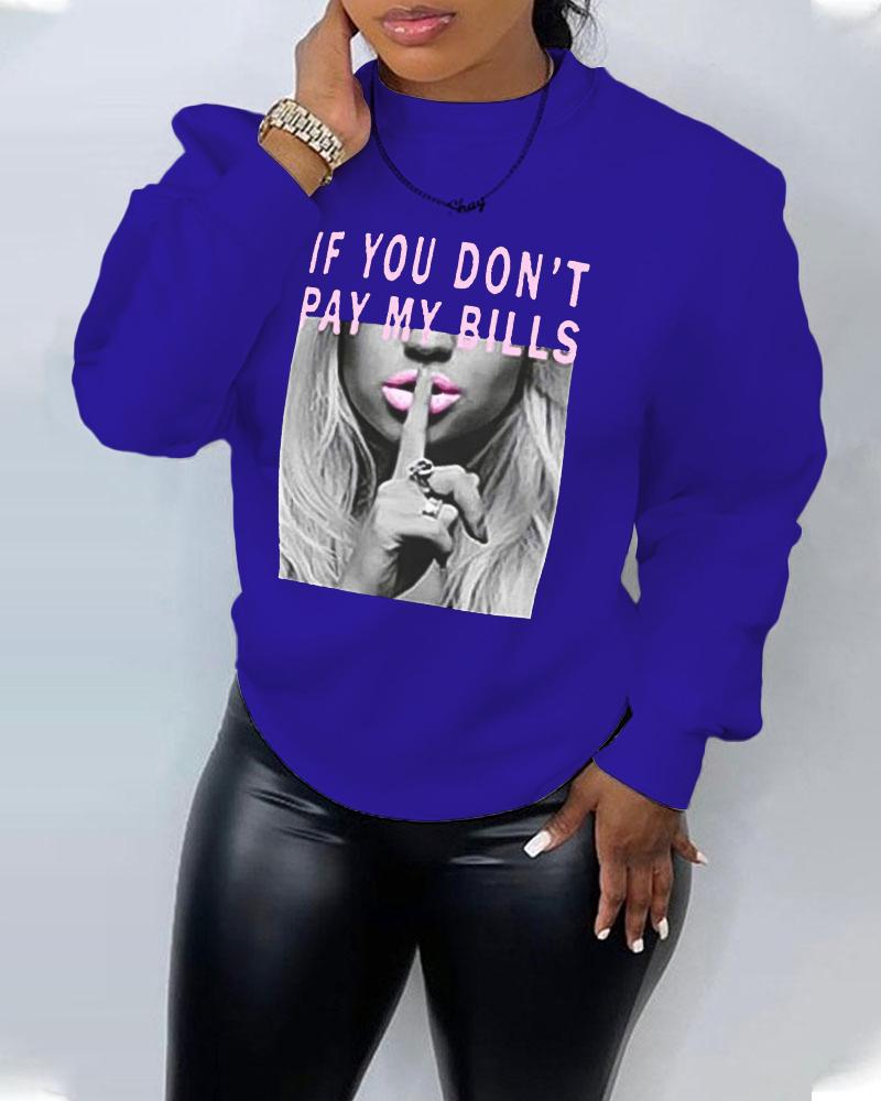 

Plus Size Slogan Print Long Sleeve Sweatshirt, Blue