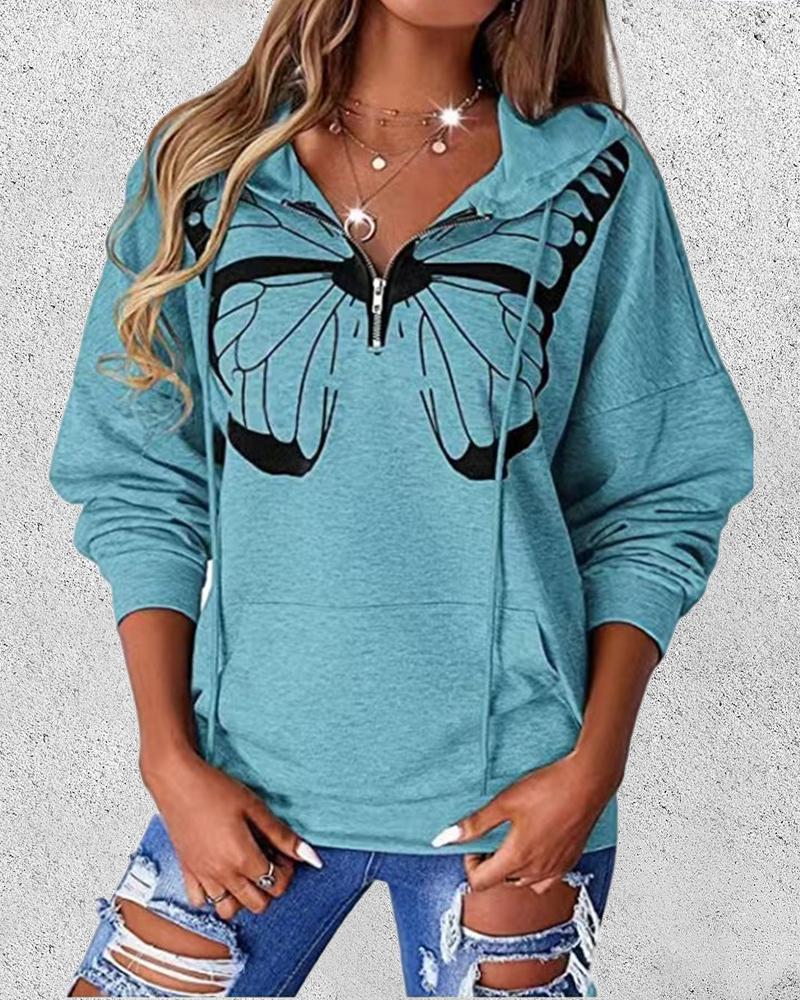 

Butterfly Print Zip Front Drawstring Hoodie, Turquoise blue