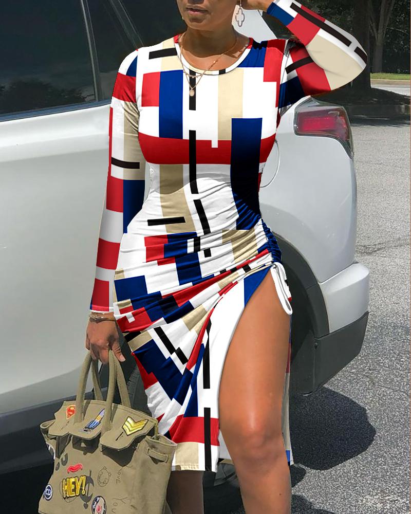 

Geometric Print Long Sleeve Drawstring Ruched Skinny Dress, Multicolor