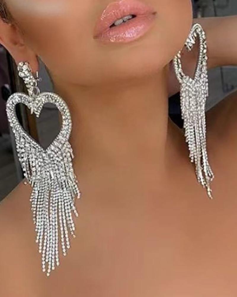 

1Pair Heart Pattern Studded Tassel Rhinestone Drop Earrings, Silver