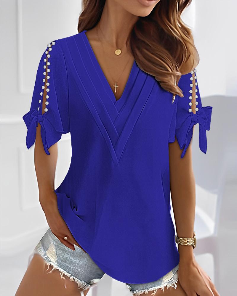 

Split Sleeve Pearls Decor Tied Detail Ruched Top, Blue