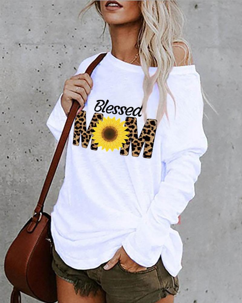 

Mother's Day Letter Sunflower Print Long Sleeve Casual Top, White