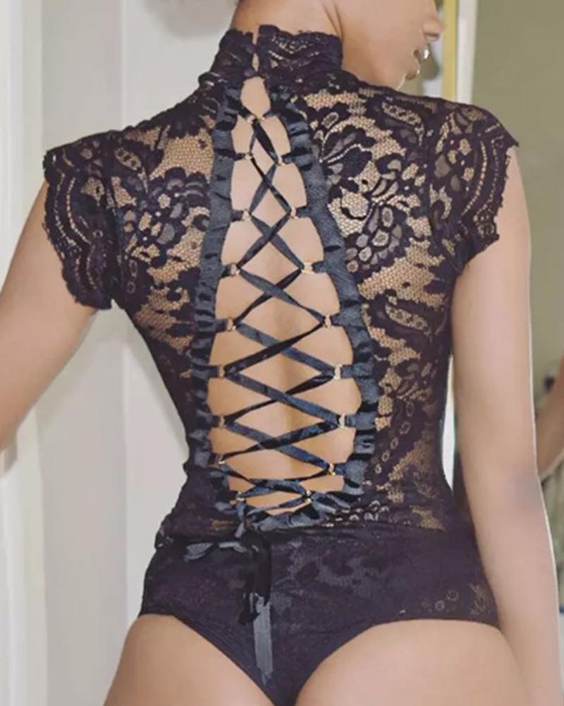 

Solid Lace Cut-out Sleeveless Bodysuit, Black