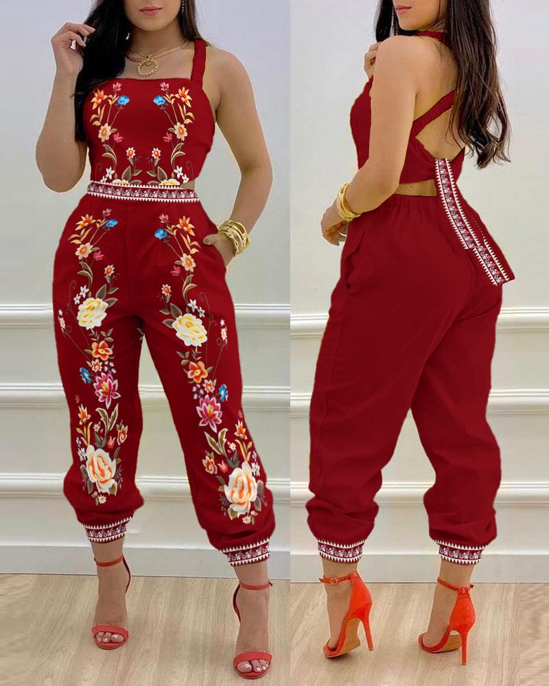 

Floral Print Crisscross Tied Detail Backless Jumpsuit, Red