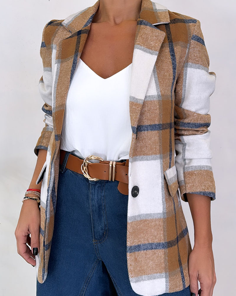 

Plaid Pattern Lapel Neck Flap Detail Blazer, Brown