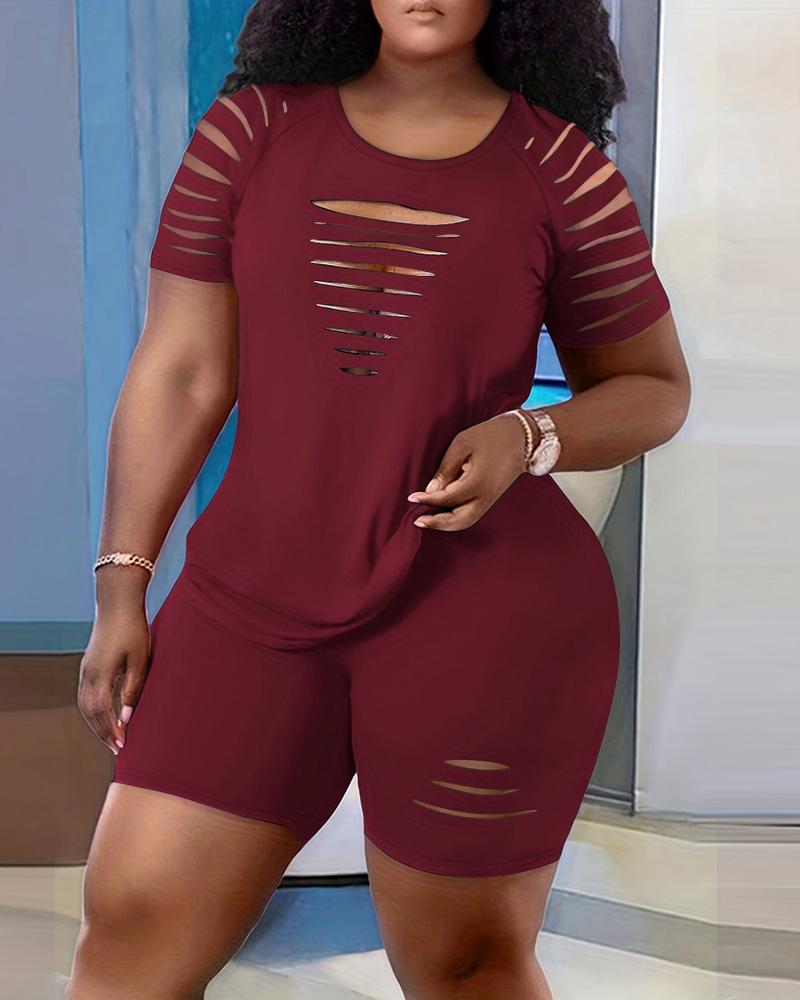 

Plus Size Ladder Cutout Top & High Waist Shorts Set, Wine red