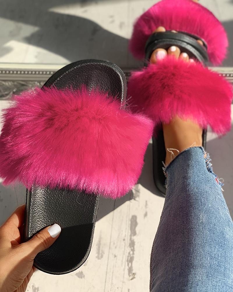 

Peep Toe Fluffy Flat Slipper Sandals, Rose red