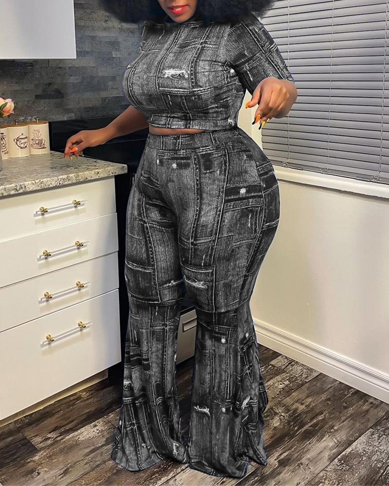 

Plus Size Denim Look Print Crop Top & Flared Leg Pants Set, Black