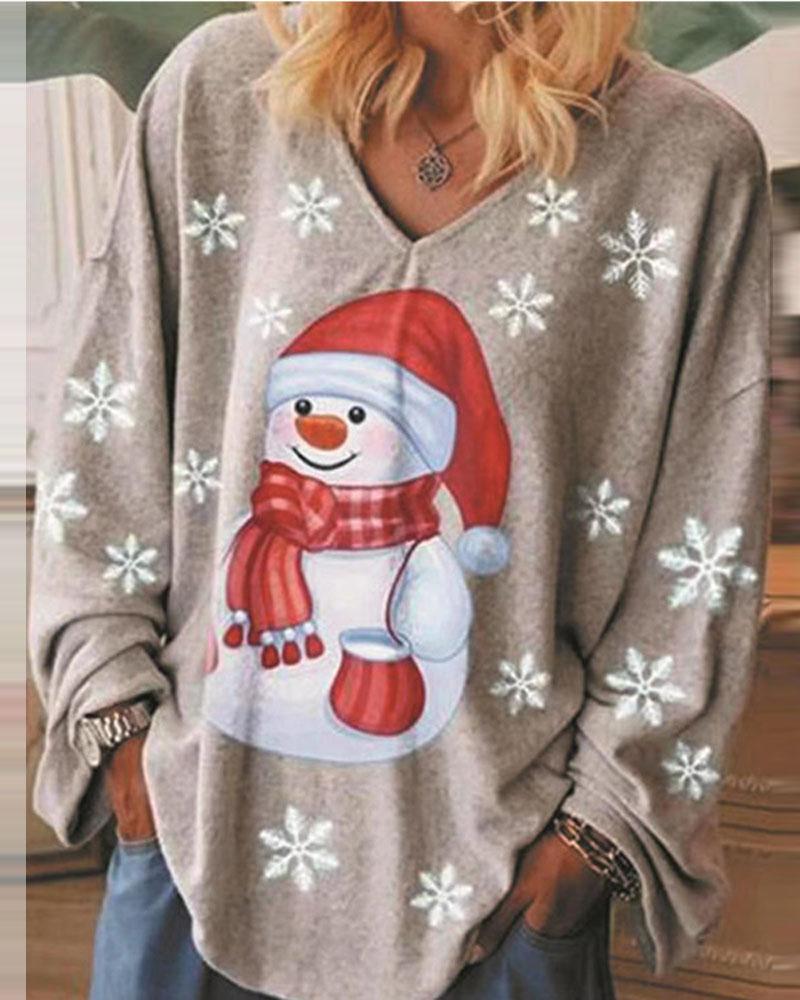 

Christmas Snowman Snowflake Print Long Sleeve Top, Khaki