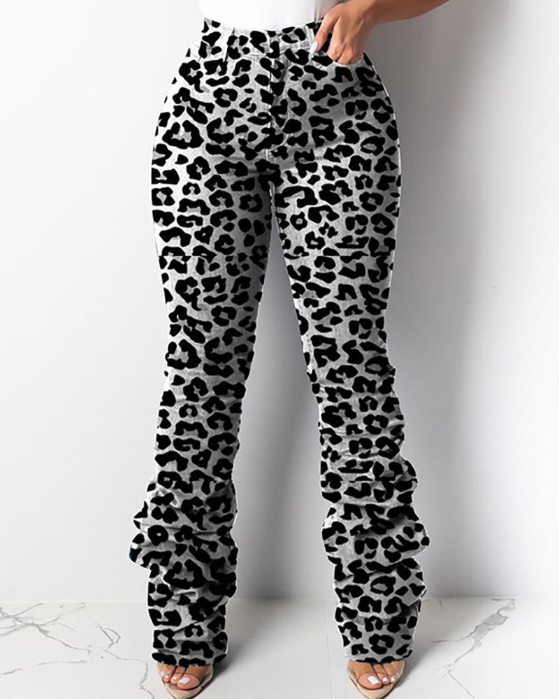 

High Waist Print Layered Ruched Bell-bottomed Pants, Black