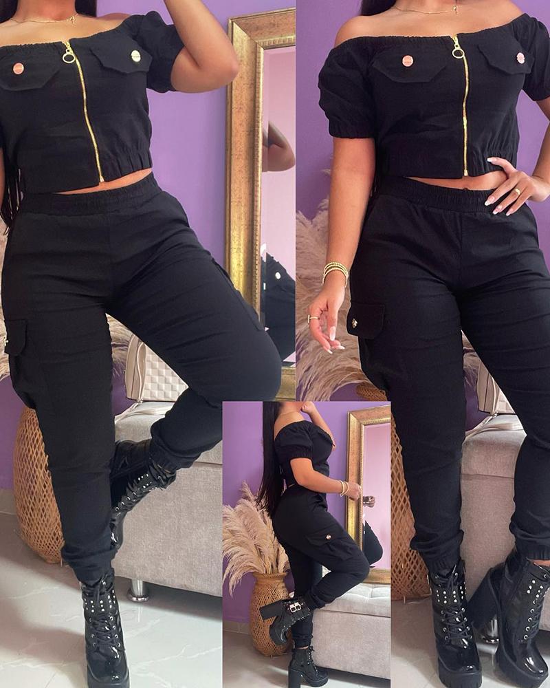 

Off Shoulder Zipper Design Top & Cuffed Pants Set, Black
