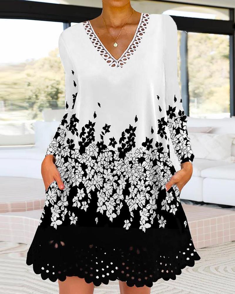 

Floral Print Hollow Out Long Sleeve Casual Dress, White