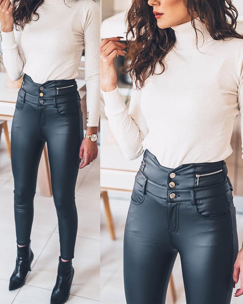 Pantalon en cuir PU taille haute boutonné à l'avant