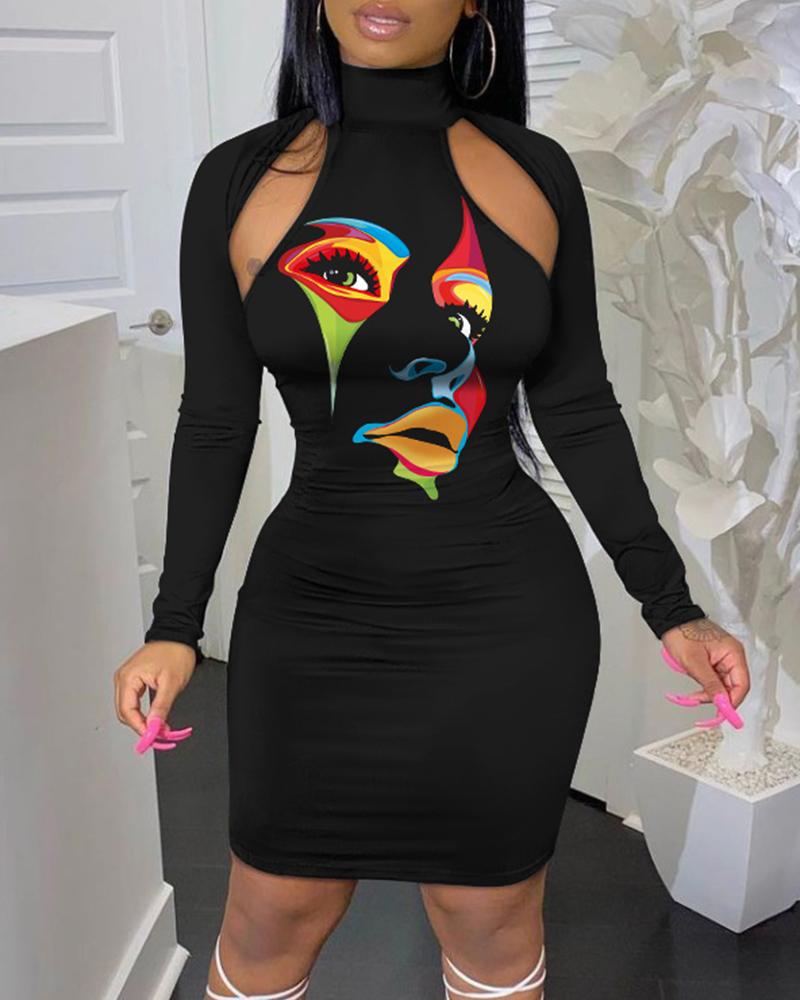 

Abstract Figure Print Cutout Long Sleeve Bodycon Dress, Black
