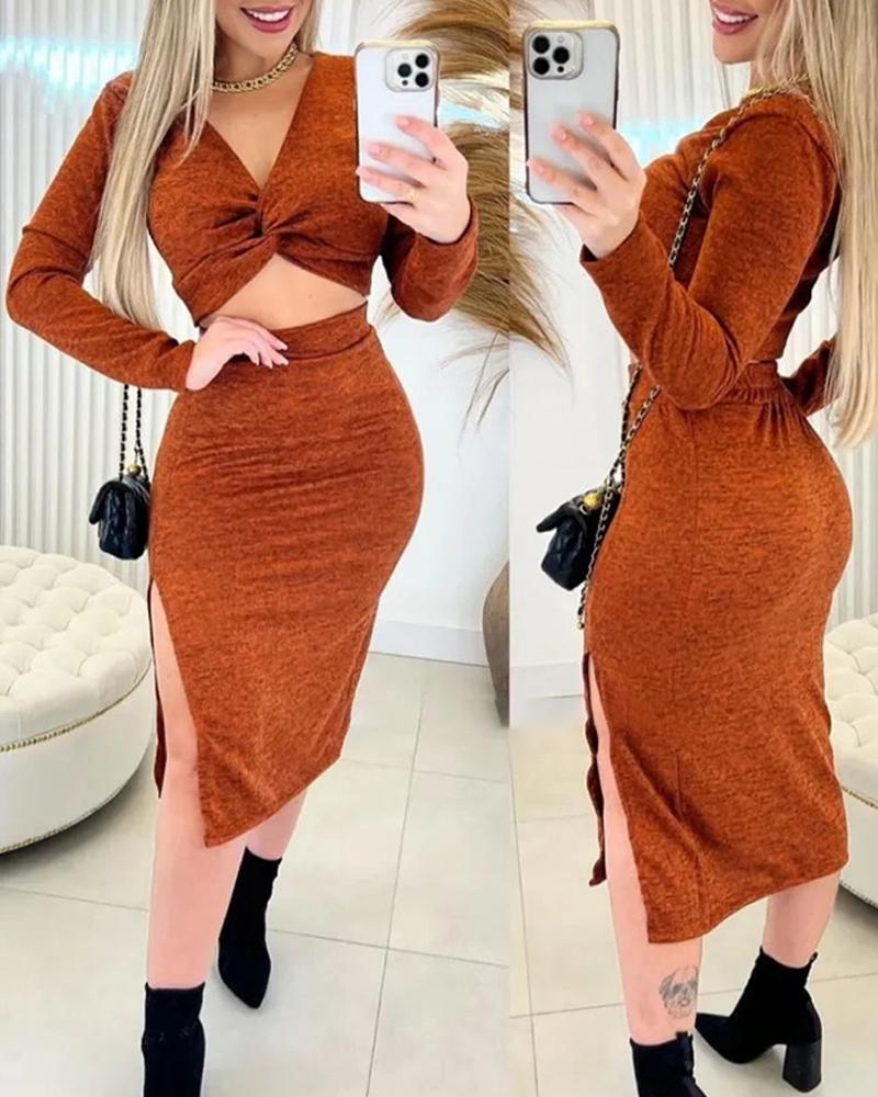

V-Neck Twisted Crop Top & Slit Skirt Set, Brown