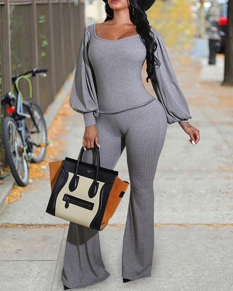 

Ribbed Lantern Sleeve Top & Pants Set, Gray