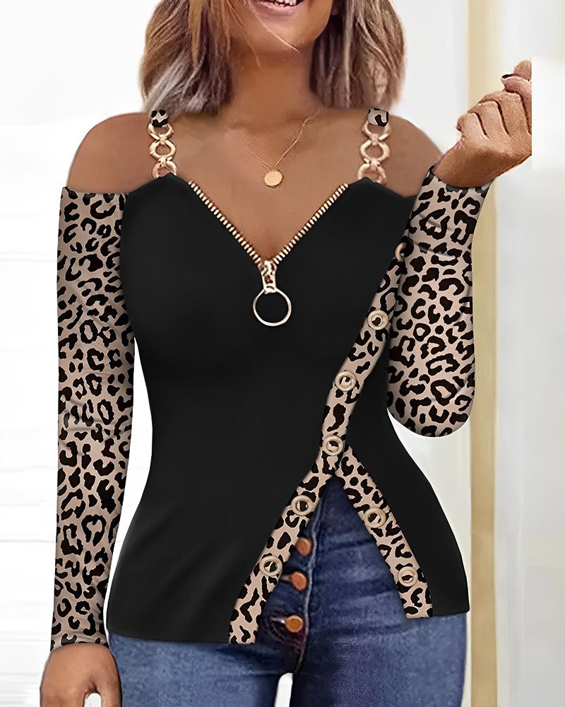 

Leopard Print Zip Detail Cold Shoulder Top