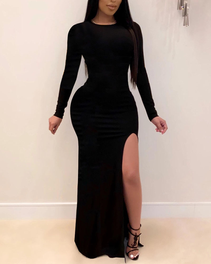 

Long Sleeve Split Thigh Skinny Maxi Dress, Black