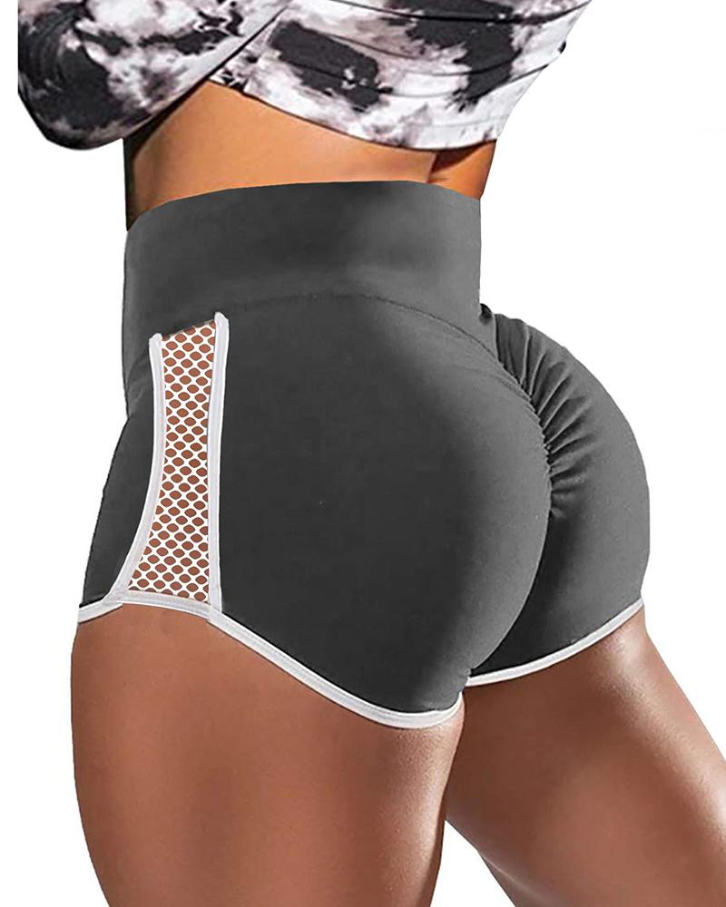 

High Waist Hollow Out Colorblock Butt Lifting Shorts, Dark grey