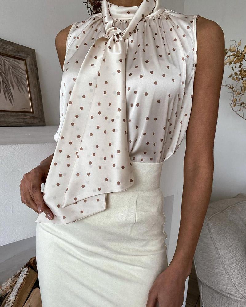 

Polkadot Print Satin Sleeveless Top With Tie, Beige