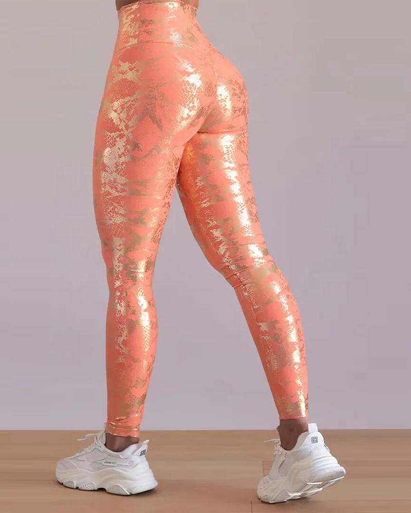

Metallic High Waist Tummy Control Butt Lift Drawstring Leggings, Orange