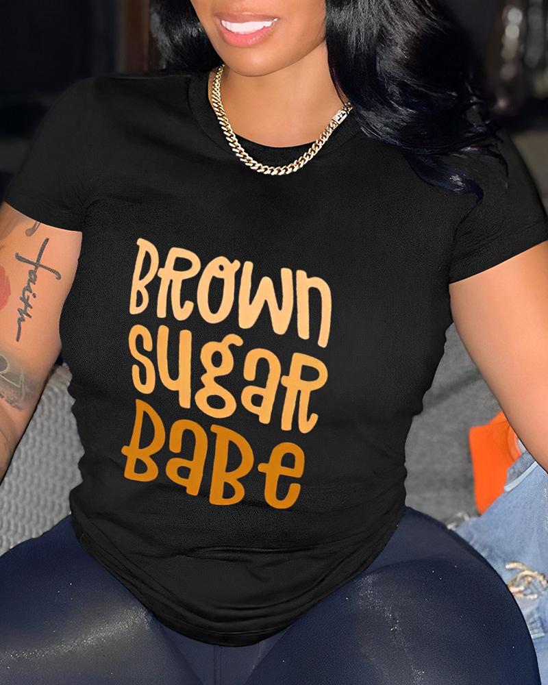 

Brown Sugar Babe Print Crew Neck Top, Black