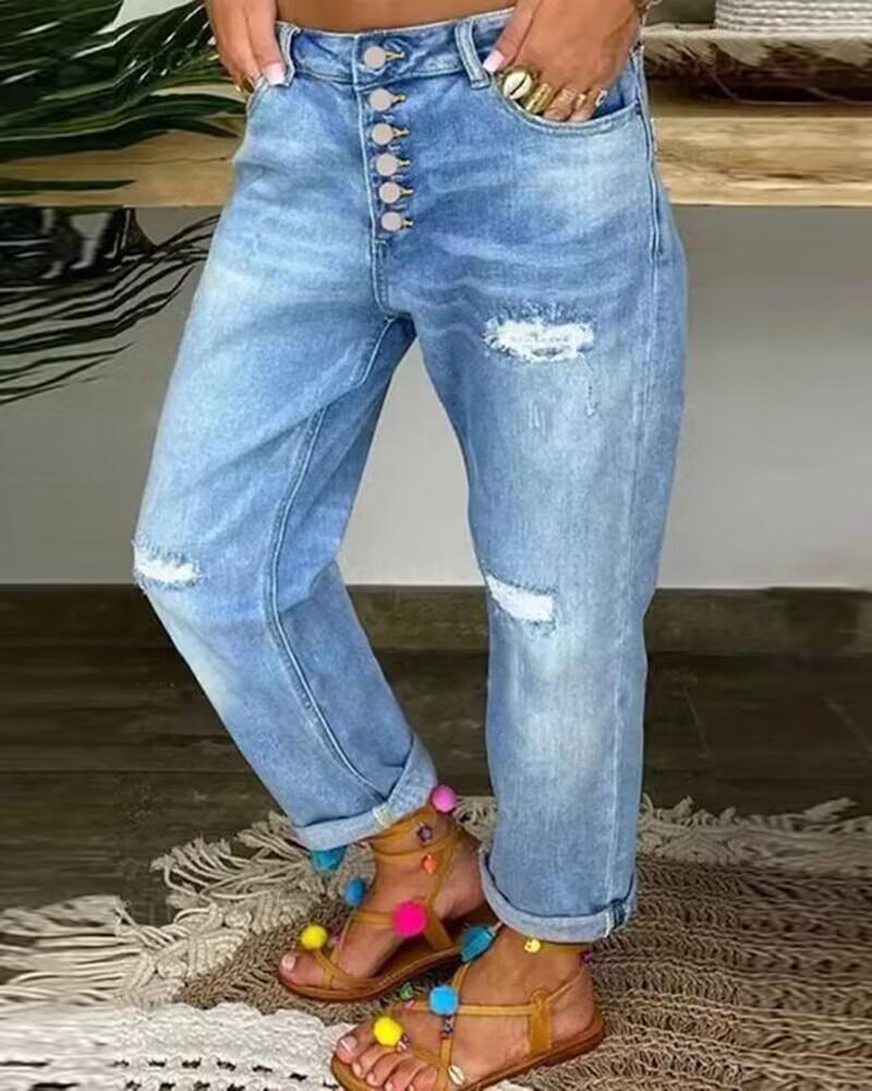 Button Fly Ripped Low Waist Jeans